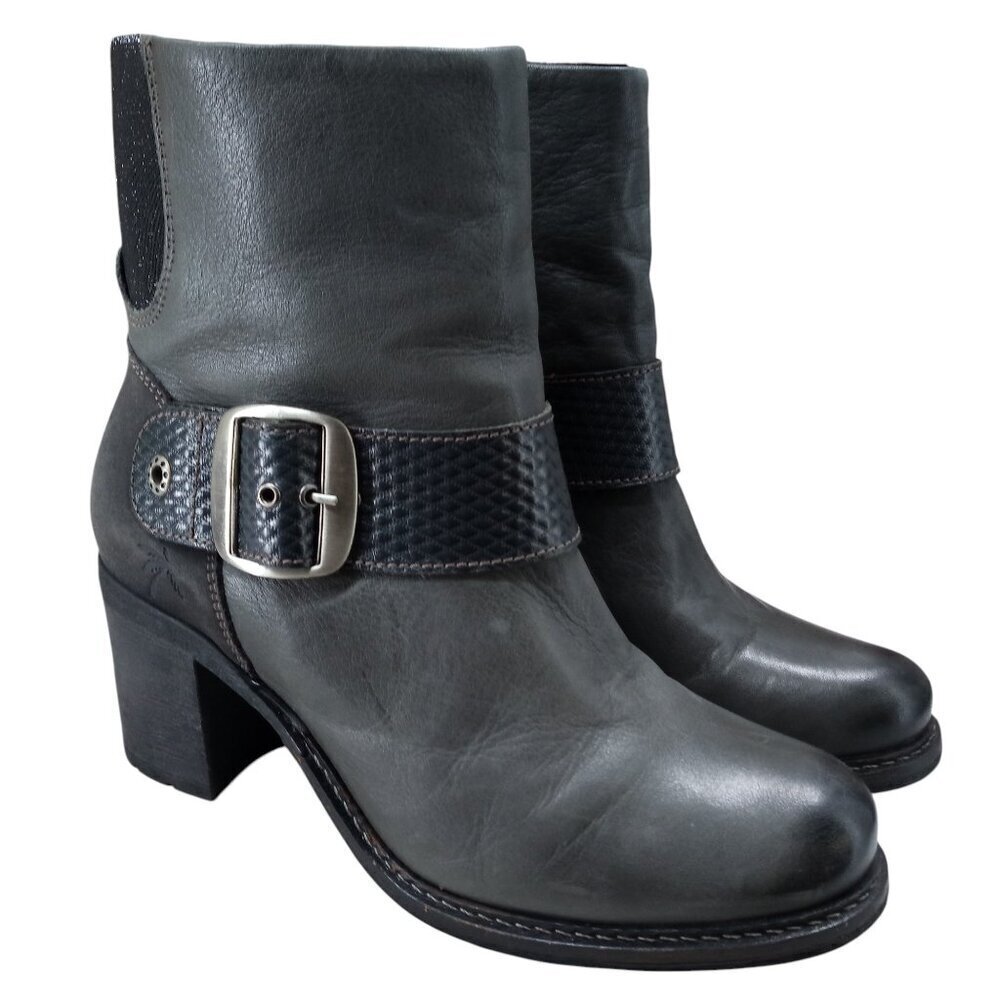 Dromedaris Holly Gray Leather Heel Moto Boots Size 39 US 8.5-9 Buckle Ankle